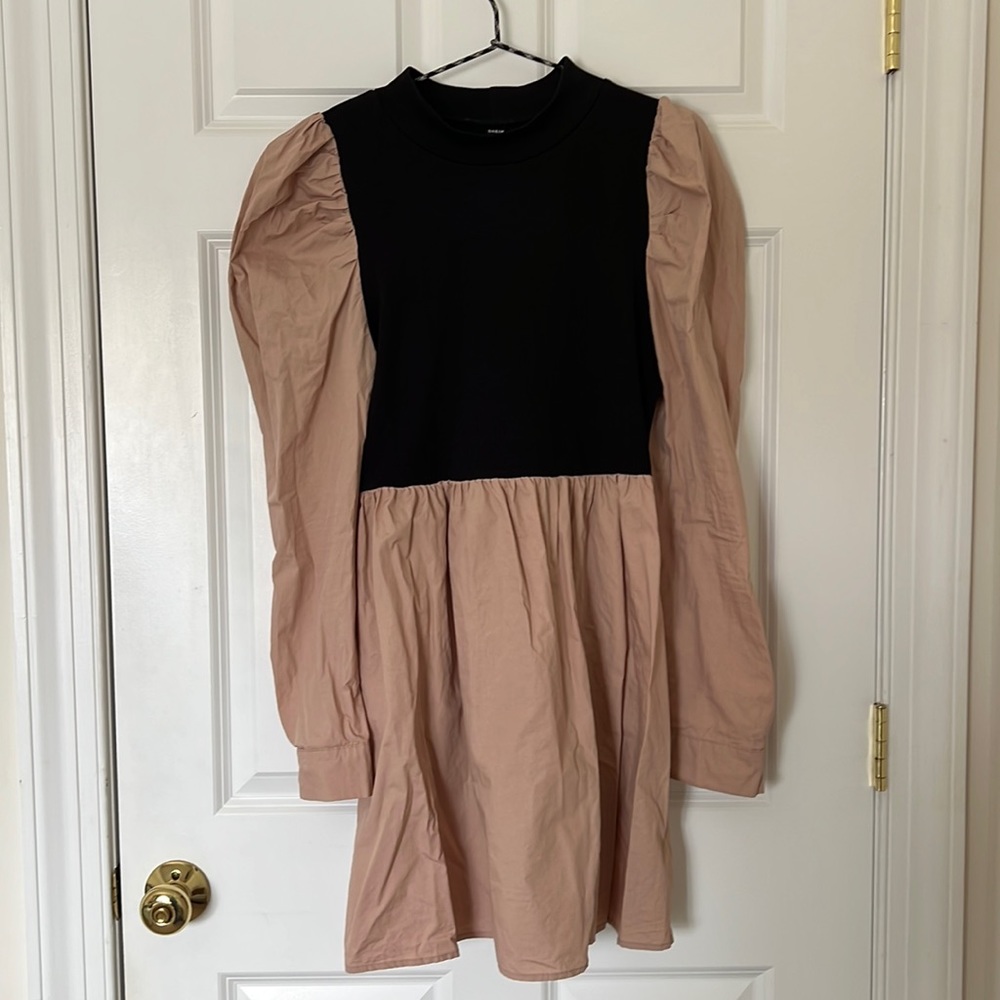 Beige and black long sleeve vest dress